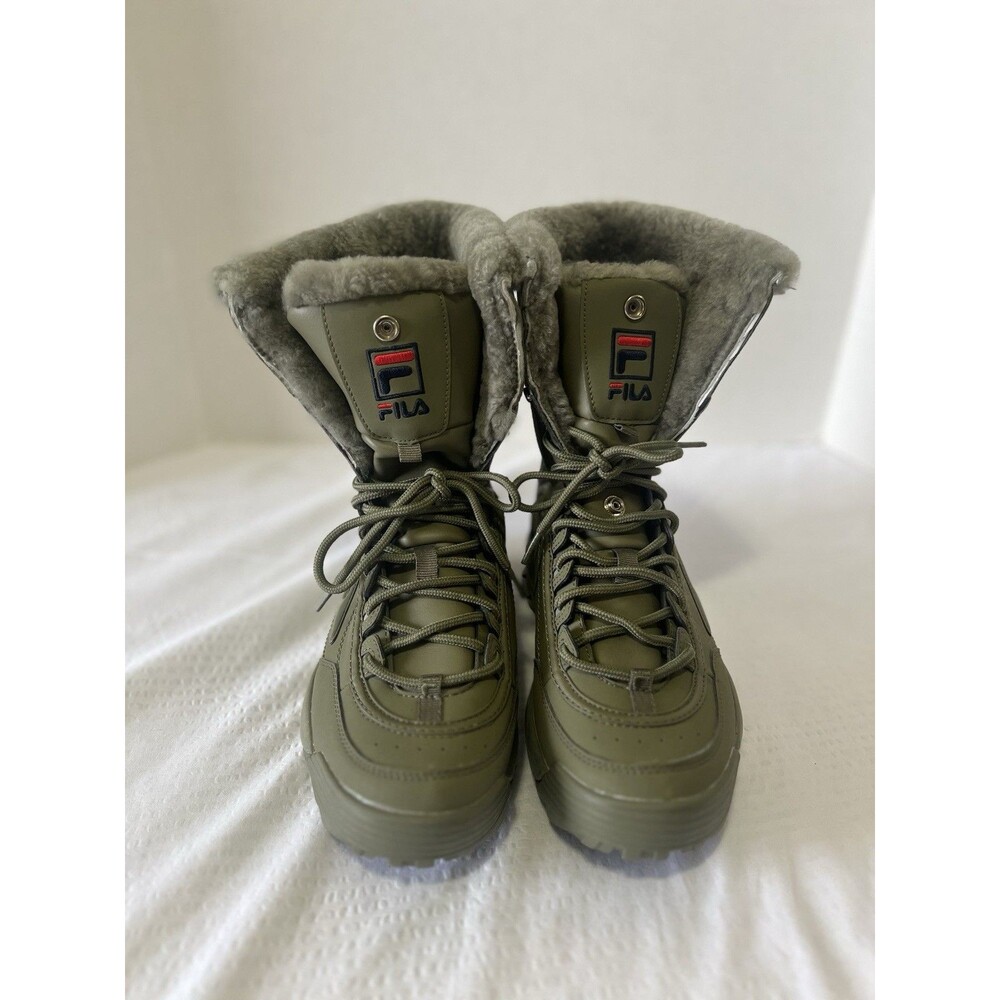 FILA DISRUPTOR WOMENS GREEN SHEARLING LINED WINTERBOOTS LACE UP MID CALF SZ 10